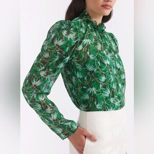 Saloni Mel B Top Padma Emerald Ruffled Collar Structured Puff Shoulders - 6
